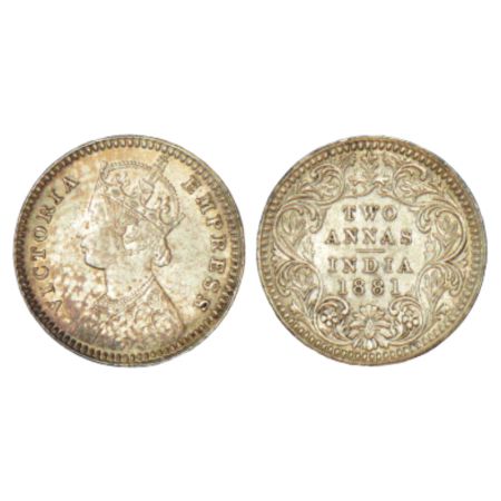 Victoria Empress, silver 2 annas, 1881, Calcutta mint, B/II/C incused, PR 496. Uncirculate