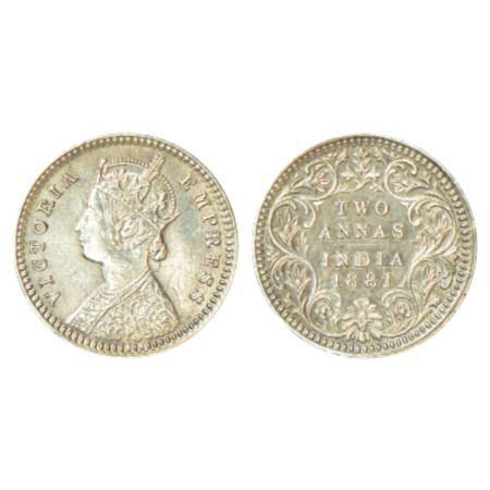 Victoria Empress, silver 2 annas, 1881, Calcutta mint, B/II/C incused, PR 496. About uncir