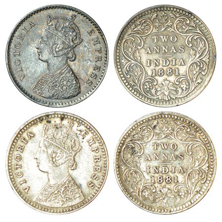 Victoria Empress, silver 2 annas (2), 1881, Bombay mint, A/II/dot and B/II/dot, PR 523 and