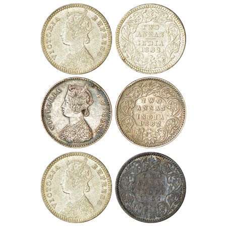 Victoria Empress, silver 2 annas (3), 1882, 1x Calcutta mint, B/II/C incused, PR 497; 2x B