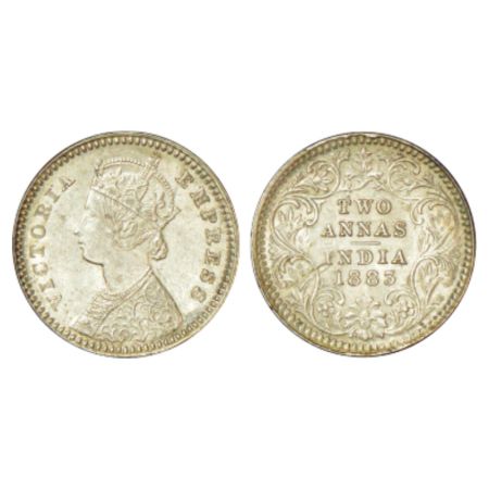 Victoria Empress, silver 2 annas, 1883, Calcutta mint, B/II/C incused; PR 498. Uncirculate