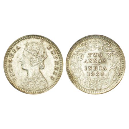 Victoria Empress, silver 2 annas, 1883, Calcutta mint, B/II/C incused, PR 498. About uncir