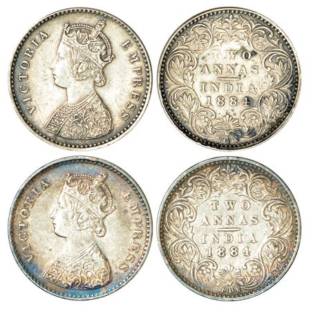 Victoria Empress, silver 2 annas (2), 1884, Bombay mint, A/I/no mm, PR 531. (2 coins) Extr