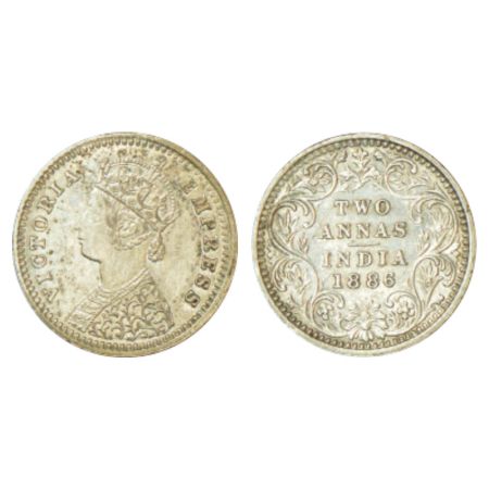 Victoria Empress, silver 2 annas, 1886, Bombay mint, B/II/B incused, PR 539. About uncircu