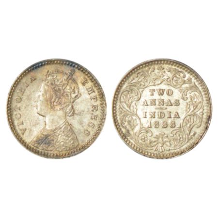 Victoria Empress, silver 2 annas, 1888, Calcutta mint, B/II/no mm, PR 503. Uncirculated, V