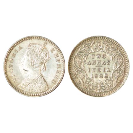 Victoria Empress, silver 2 annas, 1888, Calcutta mint, B/II/no mm, PR 503. About uncircula