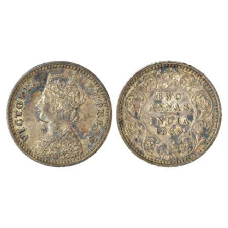 Victoria Empress, silver 2 annas, 1889, Bombay mint, B/II/B incused, PR 542. Extremely fin
