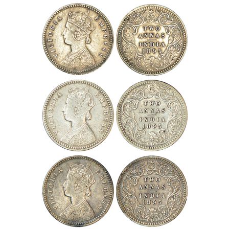 Victoria Empress, silver 2 annas (3), 1895, Calcutta mint, B/II/C incused, PR 510.(3 coins