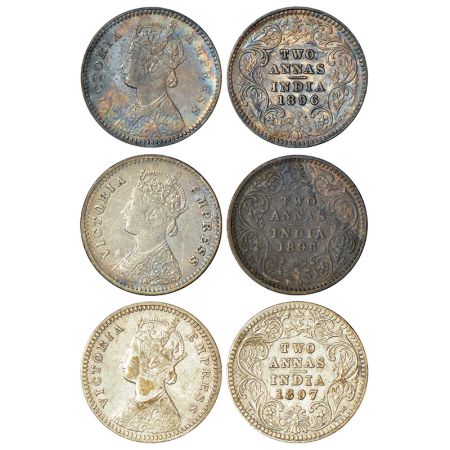 Victoria Empress, silver 2 annas (3), 2x 1896, Calcutta mint, B/II/C incused, PR 511 and B