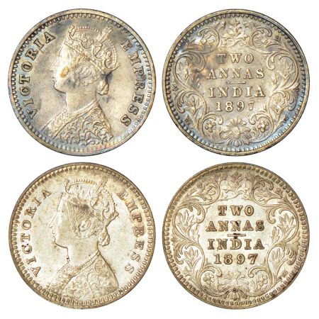 Victoria Empress, silver 2 annas (2), 1897, Calcutta mint, B/II/C incused, PR 512 and Bomb
