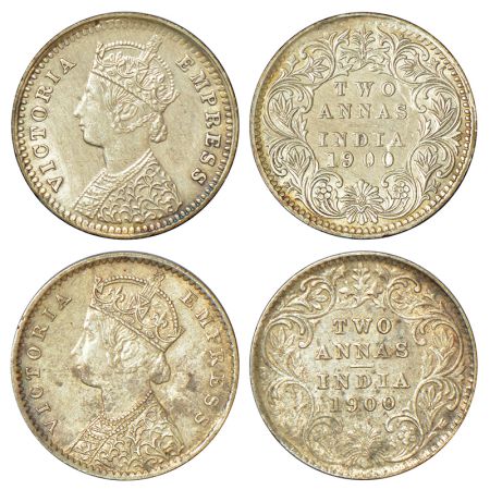 Victoria Empress, silver 2 annas (2), 1900, Calcutta mint, B/II/C incused, PR 514 and Bomb