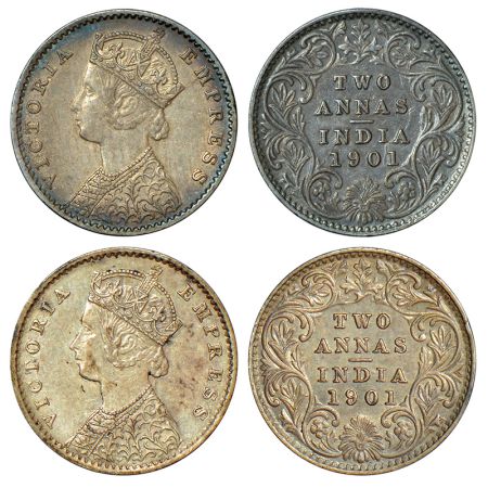 Victoria Empress, silver 2 annas (2), 1901, Calcutta mint, B/II/C incused, PR 515. (2 coin
