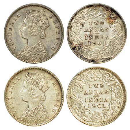 Victoria Empress, silver 2 annas (2), 1901, Calcutta mint, B/II/C incused, PR 515.(2 coins