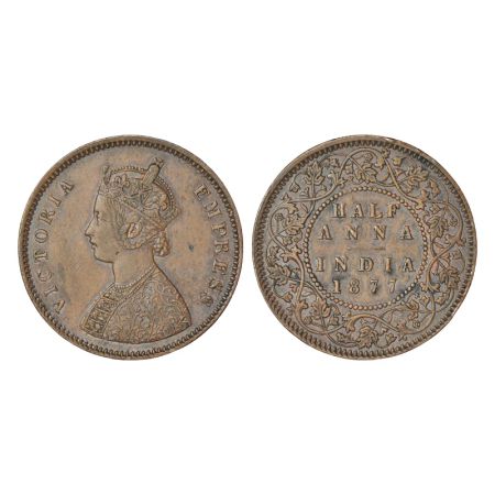 Victoria Empress, copper ½ anna, 1877, Bombay mint, bust 'B', PR 586; GK 820. About extrem