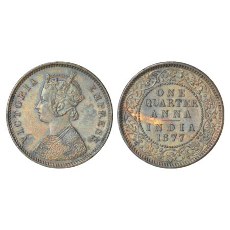 Victoria Empress, copper ¼ anna, 1877, Calcutta mint, B/II, PR 611; GK 829, 6.52g. Extreme