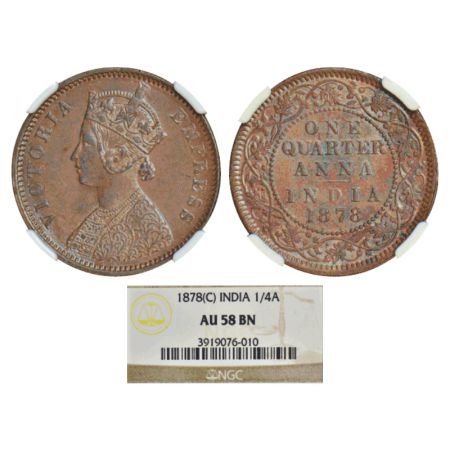 Victoria Empress, copper ¼ anna, 1878, Calcutta mint, B/II, PR 612; GK 830. NGC graded AU5