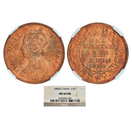 Victoria Empress, copper ¼ anna, 1880, Calcutta mint, B/II, PR 614; GK 832-833. NGC graded