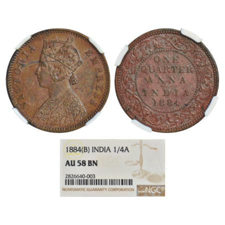 Victoria Empress, copper ¼ anna, 1884, Bombay mint, B/I/no mm, PR 640; GK 838. NGC graded 