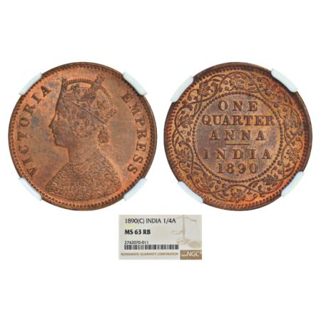 Victoria Empress, copper ¼ anna, 1890, Calcutta mint, B/II/no mm, PR 623; GK 849. NGC grad