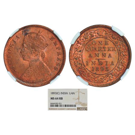 Victoria Empress, copper ¼ anna, 1893, Calcutta mint, B/II/no mm, PR 626; GK 852. NGC grad