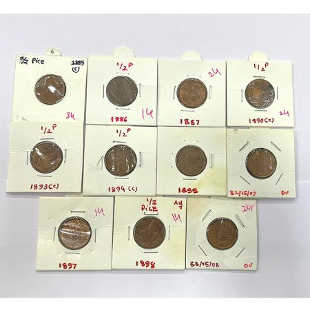 Victoria Empress, copper ½ pice (11), Calcutta mint, no mm, 1885, 1886, 1887, 1890, 1893, 