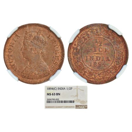 Victoria Empress, copper ½ pice, 1894, Calcutta mint, PR 727; GK 874. NGC graded MS63BN, V