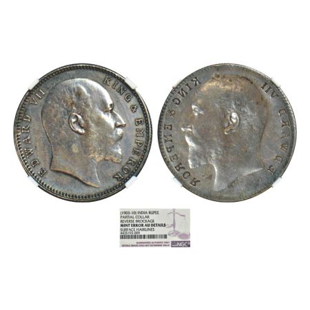 Edward VII, silver rupee, ND (1903-1910 AD), obverse part brockage (Lakhi) on reverse. NGC