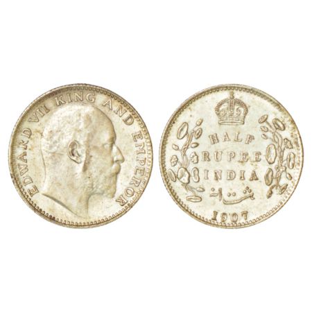 Edward VII, silver ½ rupee, 1907, Bombay mint, 'B' incused, dot, PR 316; GK 965, 5.82g. Ex
