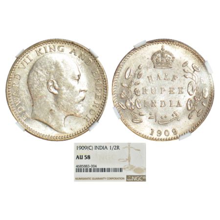 Edward VII, silver ½ rupee, 1909, Calcutta mint, no mm, PR 313; GK 969. NGC graded AU58, R