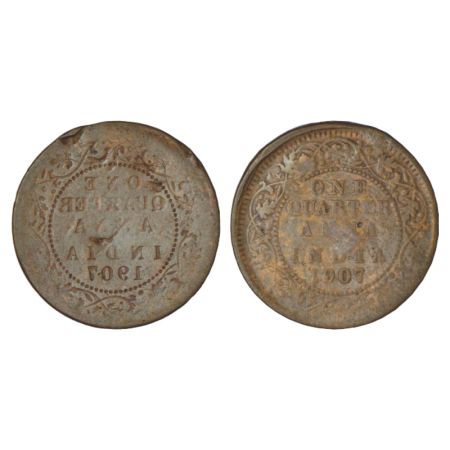 Edward VII, bronze ¼ anna, 1907, Calcutta mint, reverse part brockage (Lakhi) on obverse, 