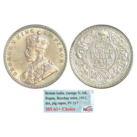 George V, silver rupee, 1911, Bombay mint, dot, PR 217; GK 1022. NGS of India graded MS61+