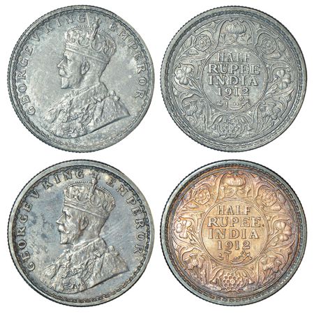 George V, silver ½ rupee (2), 1912, 1x Calcutta mint, no dot, PR 319; GK 1046, 5.83g and 1