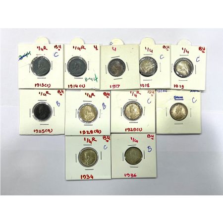 George V, silver ¼ rupee (11), 8x Calcutta mint, 1913, 1914, 1917, 1918, 1919, 1929, 1930 