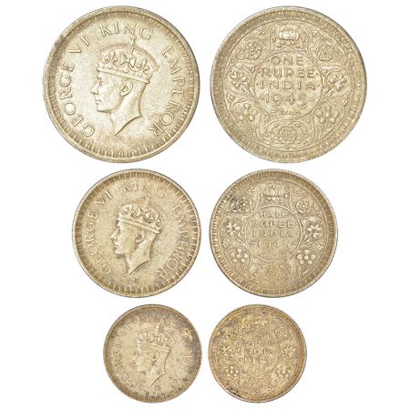 George VI, set of 3 half silver coins, 1945 (large 5), Lahore mint, 1x rupee, GK 1290, 11.