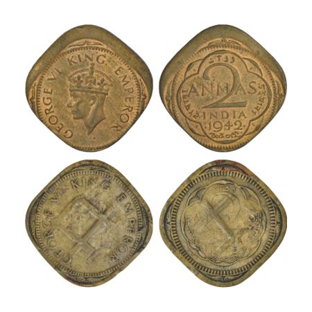 George VI, nickel-brass 2 annas (2), 1x 1942, 5.85g, 10% off center and 1x 1945, 5.76g wit
