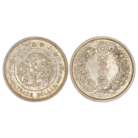 Japan, Mutsuhito, silver trade dollar, ND (1877)/Year 10. Obv: Dragon within beaded circle