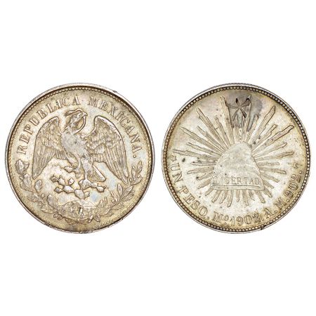 Mexico, countermarked silver peso, 1902, 'Mo AM' mintmark. Obv: Facing eagle, snake in bea