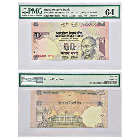 50 rupees, misprint, Gandhi series, 2005, signed by Y.V. Reddy, inset 'R', serial no.: 9AD