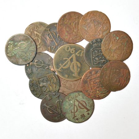 A group of 15 copper coins, Netherland East Indies (modern day Indonesia), VOC types, vari