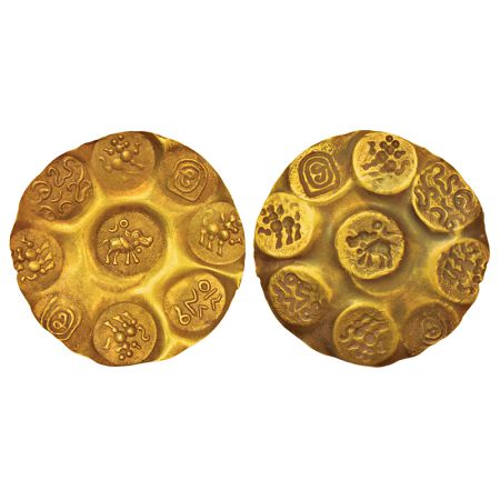 Kakatiyas of Warangal, gold punch-marked gadyana, repousse fabric (1100-1200 AD), 3.79g, H