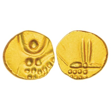 Hoysalas, gold fanam of Vira Raya, MCSI-I 324, 0.39g. Obv: Stylised lion standing right wi