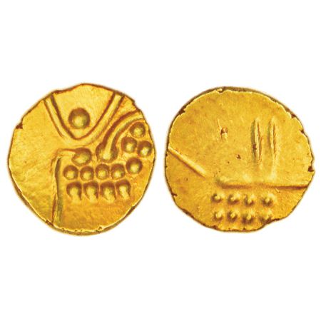 Hoysalas, gold fanam of Vira Raya, MCSI-I 324, 0.40g. Obv: Stylised lion standing right wi