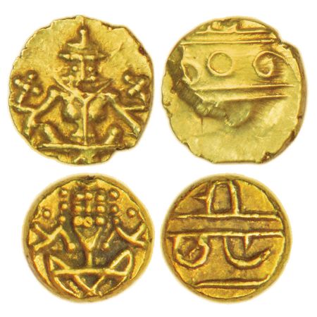 Kingdom of Mysore, two gold fanams of Kanthirava Narasa Raya (1638-1662 AD), MCSI-I 910-91
