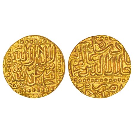 Akbar (1556-1605 AD), gold mohur, Jaunpur mint, AH 984, flower mint-mark on obverse, KM 10