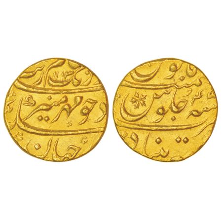 Aurangzeb (1658-1707 AD), gold mohur, Khujista Bunyad mint, ‘Mihr-e-munir’ couplet, AH 111