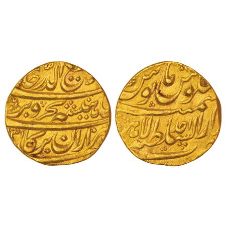 Rafi ud-Darjat (1719 AD), gold mohur, Dar ul-Sultanat Lahore mint, 'Ba-Hazaraan Barkaat' c