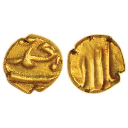 Muhammad Shah (1719-1748 AD), gold fanam, Balapur mint, KM C440.2, 0.38g. Good very fine, 