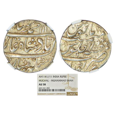 Muhammad Shah (1719-1748 AD), silver rupee, Kora mint, AH 1141/RY 11, KM 436.39. NGC grade