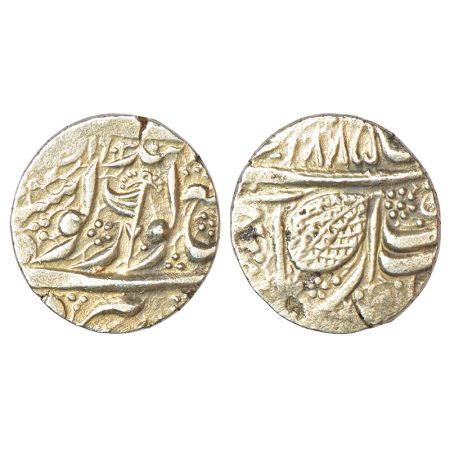 Sikh Empire, silver rupee, Amritsar mint, Nanak Shahi couplet, frozen year VS 1885 on obve