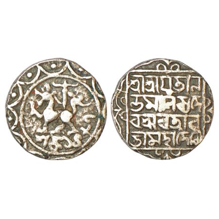 Tripura, Ananta Manikya (1564-1567 AD), silver tanka, SE 1487, R&B T-129, 10.18g. Obv: Lio